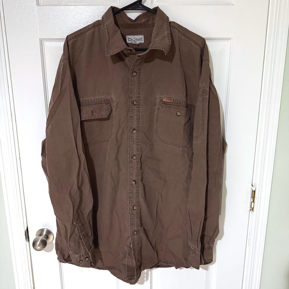Carhartt Mens 2XL Tall Brown Ripstop Cotton Long Sleeve Button Down Work Shirt